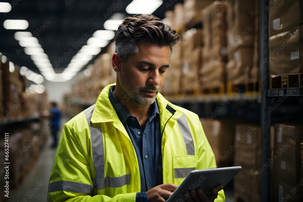 A warehouse supervisor scrolling tablet to see something A warehouse supervisor scrolling tablet to see something