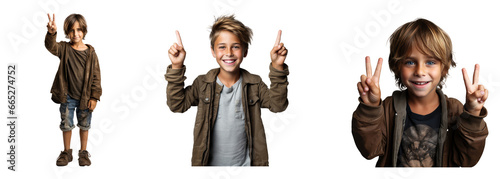 boy about 10 years old happy, big eyes, victory sign