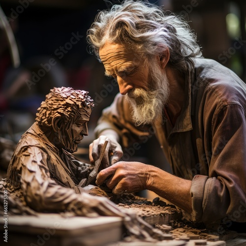 Sculpting a Statue out of Clay, Shaping Material Artist Designing in Art Studio Model Creative Occupation Concept