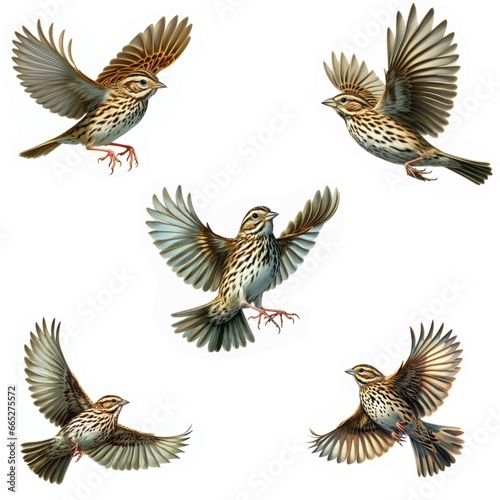A set of male and female Savannah Sparrows flying isolated on a white background