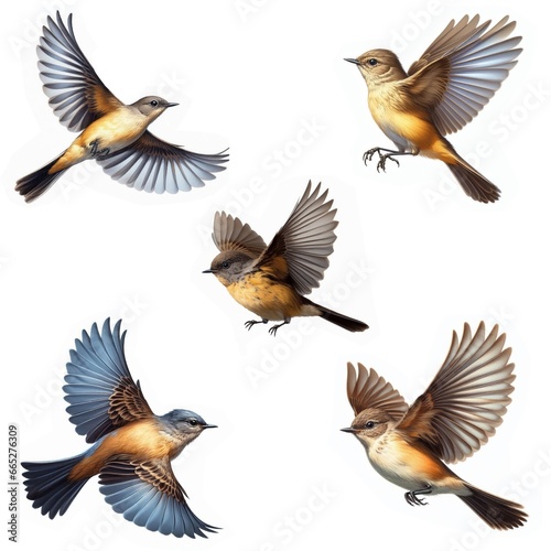 A set of male and female Say's Phoebes flying isolated on a white background