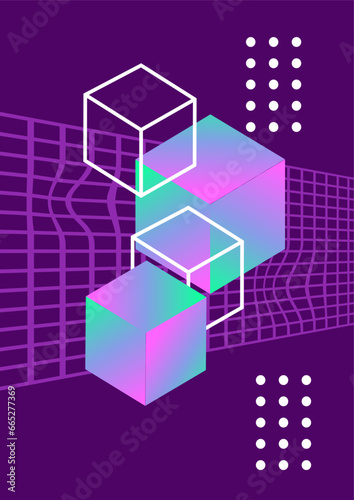 Abstract art furutistic poster. Metaverse and cyberspace, modern technologies. Neon cubes with violet grid. Abstract creativity. Template, layout and mock up. Isometric vector illustration