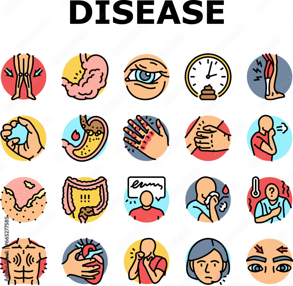 disease symptom health icons set vector. symptom hospital, man vaccine, safety caution, headache fatigue, ill, doctor disease symptom health color line illustrations