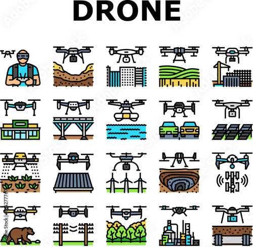 drone commercial use icons set vector. industry survey, operator weather safety, surveyor land, city agriculture, digital drone commercial use color line illustrations