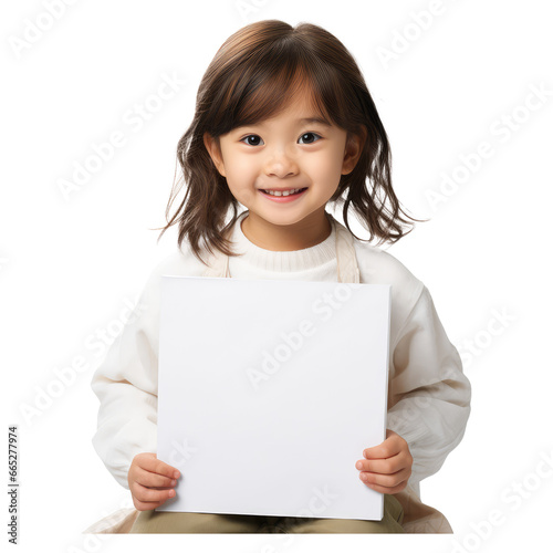 little girl holding white board, sitting floor