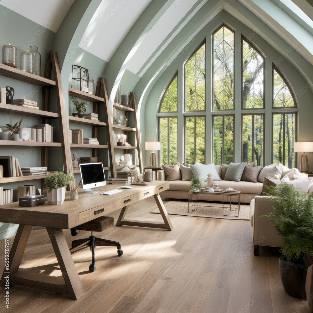 Crisp coastal home office with vaulted ceiling 