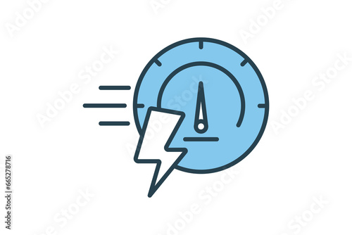 High speed icon. speedometer with lightning. icon related to speed. suitable for web site, app, user interfaces, printable etc. Flat line icon style. Simple vector design editable