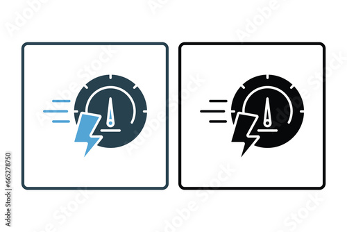 High speed icon. speedometer with lightning. icon related to speed. suitable for web site, app, user interfaces, printable etc. Solid icon style. Simple vector design editable