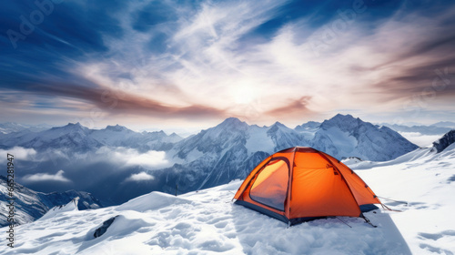 Orange tent in the snow with mountains and sunset in the background © tashechka