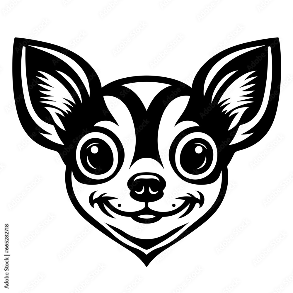 Black and white vector icon of a smiley chihuahua. Isolated in white. Black and white vector icon of a smiley chihuahua. Isolated in white.