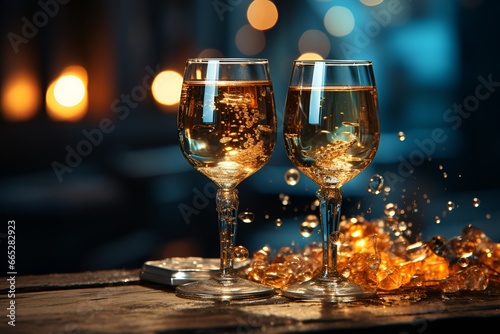 Glasses of champagne or sparkling wine in a festive atmosphere. Merry christmas and happy new year concept