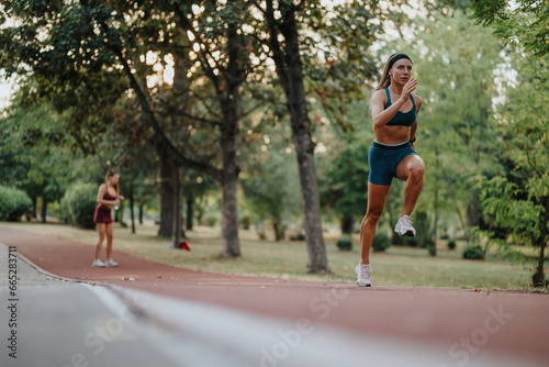 Fit girls train outdoors in a green park, showcasing their athletic bodies and motivation. They jog, demonstrating their endurance and commitment to a healthy lifestyle.