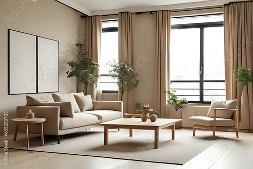 Japandi living room interior with cozy beige couch, modern minimalist design. Side view © indofootage