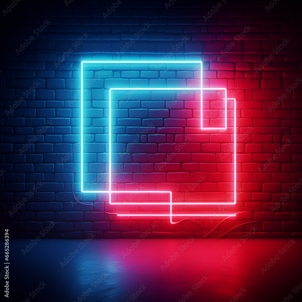 Abstract glowing neon red and blue light on a brick wall Abstract glowing neon red and blue light on a brick wall