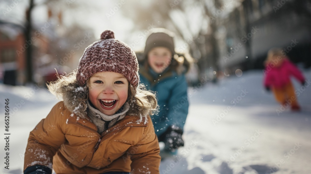 Cute little Happy kid wearing worm clothes playing outdoors in cold winter with  copy space background, winter holiday concept