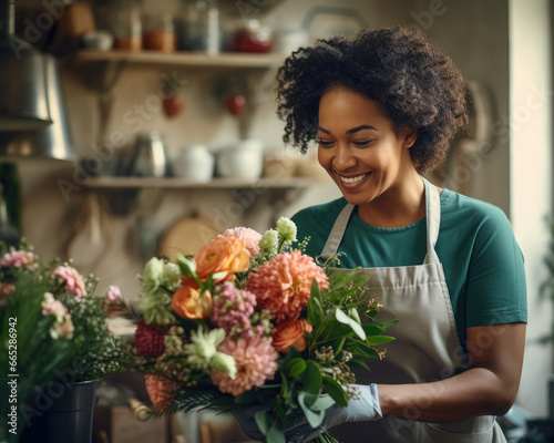 Master African American Florist in Teal Floral Apron: Artistic Craftsmanship Bringing Blooms to Life