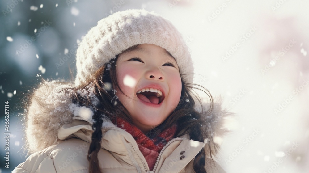 Cute little Happy kid wearing worm clothes playing outdoors in cold winter with copy space background, winter holiday concept Cute little Happy kid wearing worm clothes playing outdoors in cold winter with copy space background, winter holiday concept