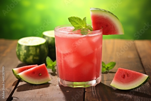 A Vibrant Glass of Watermelon Cucumber Cooler Rests Amidst Fresh Fruit Slices on a Sunny Day