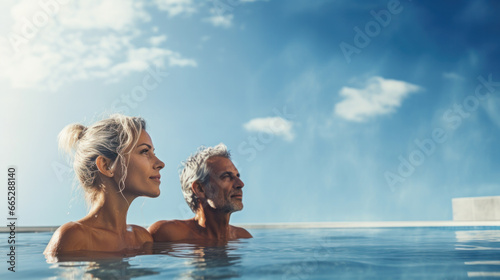 Retired Senior Couple Relaxing In Swimming Pool On Summer Vacation photo