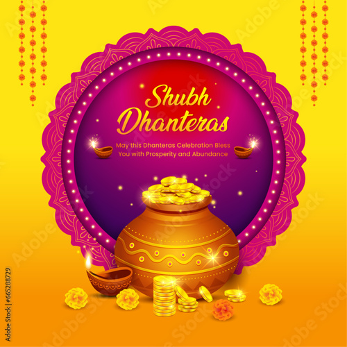 Illustration pot full of gold coins, oil lamps and decorative elements for celebration of Indian religious festival Happy Dhanteras, Diwali.