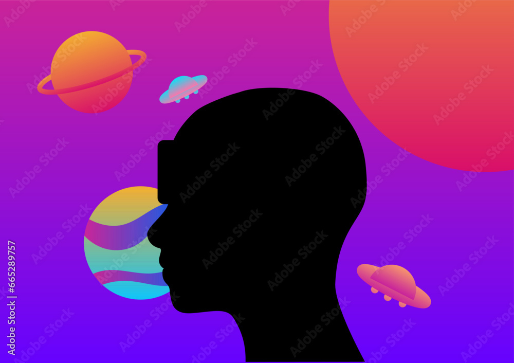Metaverse or Virtual reality concept. Shilloate Man wearing Vr on the space or galaxy with planet background. Metaverse or Virtual reality concept. Shilloate Man wearing Vr on the space or galaxy with planet background.