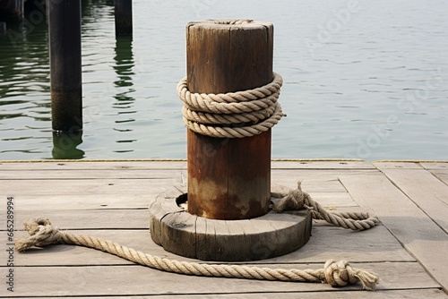Docking bollard with ship rope. Generative AI © Phoenix