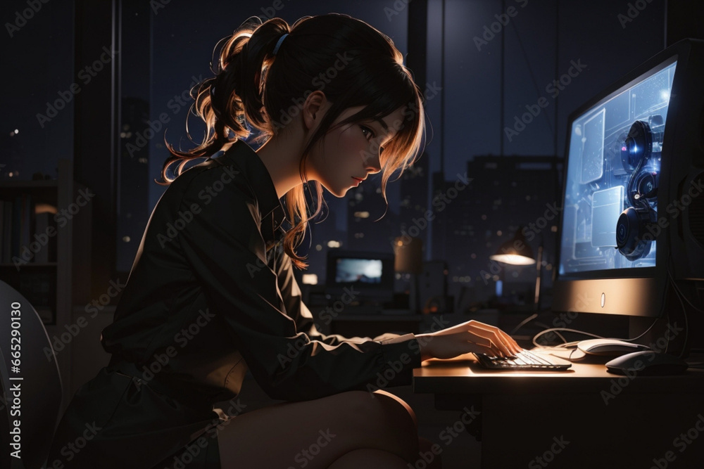 Nighttime Digital Solace: AI-Generated Anime Illustration of a Silhouetted Woman at Her PC in Soft Night Light, Rendered in Niji Style Nighttime Digital Solace: AI-Generated Anime Illustration of a Silhouetted Woman at Her PC in Soft Night Light, Rendered in Niji Style