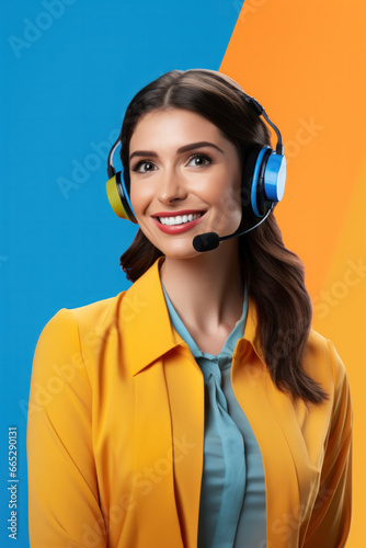 Photo of beautiful young call center operator standing near gray background. Woman with headphones looking at camera and smiling
