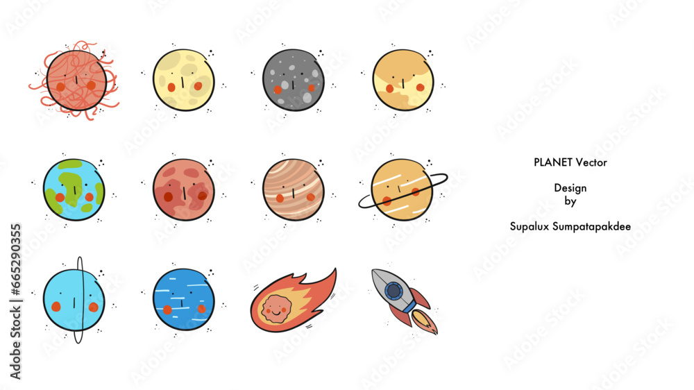 Vector set of planet, meteor, and rocket in the galaxy