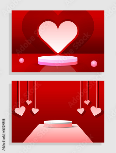 Set red pink love 3d object cylinder pedestal podium display gradient color minimal scene showroom
