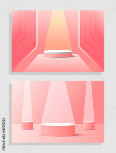 Set red pink love 3d object cylinder pedestal podium display gradient color minimal scene showroom