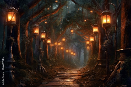an enchanted gateway surrounded by lanterns amidst a mysterious woodland. Generative AI