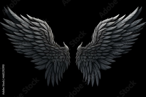Black background, isolated angel wings. Generative AI