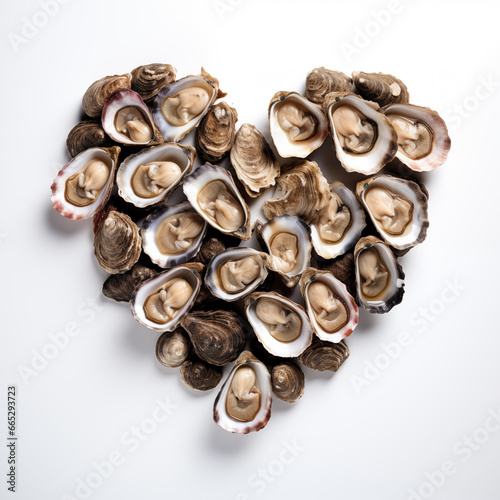 Heap of crispy boiled oyster be arranged into heart shape on isolated white background photo