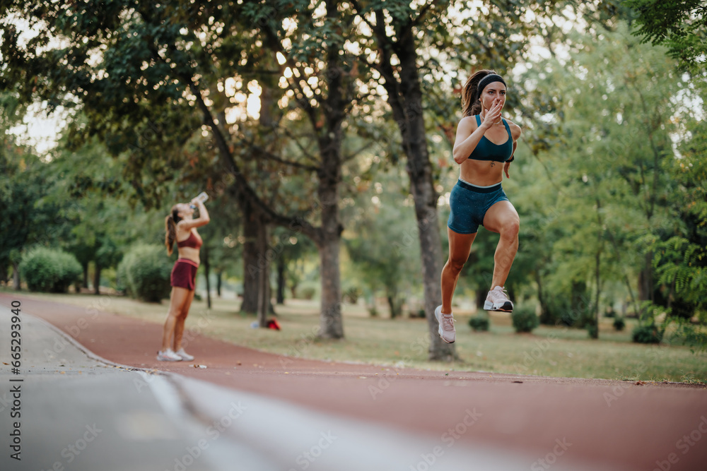 Fit girls jogging in a green park, inspiring with their athleticism and active lifestyle. Embrace the outdoors, find motivation, and pursue your fitness goals while surrounded by nature.