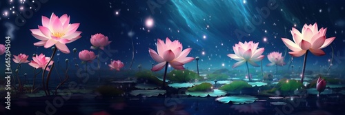 Lunar fantasy night of magical fluorescent lotus blossoms. AI Generation 