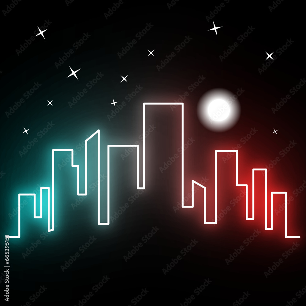Monoline illustration of skyscraper with neon effect and moon in the dark	