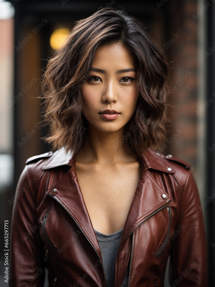 Portrait of a Beautiful Japanese Woman with a Brunette Lob Haircut, Wearing a Leather over a Silk Cami, Exuding Confidence and Allure, with a Brick Wall in the Background Portrait of a Beautiful Japanese Woman with a Brunette Lob Haircut, Wearing a Leather over a Silk Cami, Exuding Confidence and Allure, with a Brick Wall in the Background