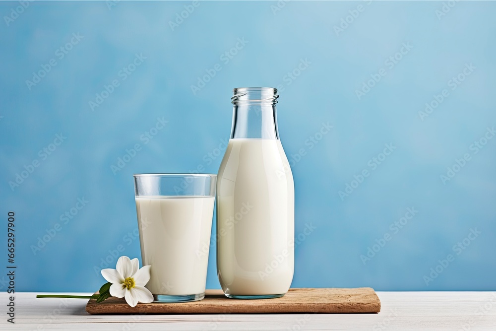A bottle of milk and a glass of milk on a wooden table on a blue background. A bottle of milk and a glass of milk on a wooden table on a blue background.