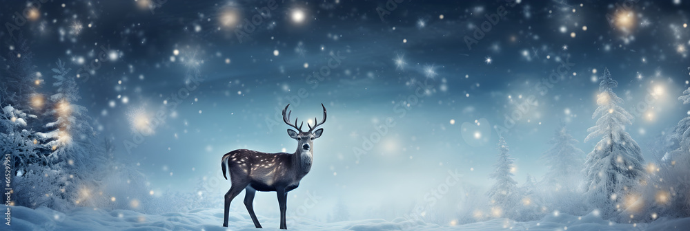 Magical Christmas Reindeer, A Festive Banner of Snow, Stars, and Reindeer with Delightful Copy Space