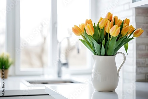 A bouquet of tulips on a white table. #665297909