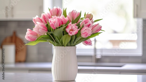 A white vase full of pink flowers is sitting on counter. © Fatema