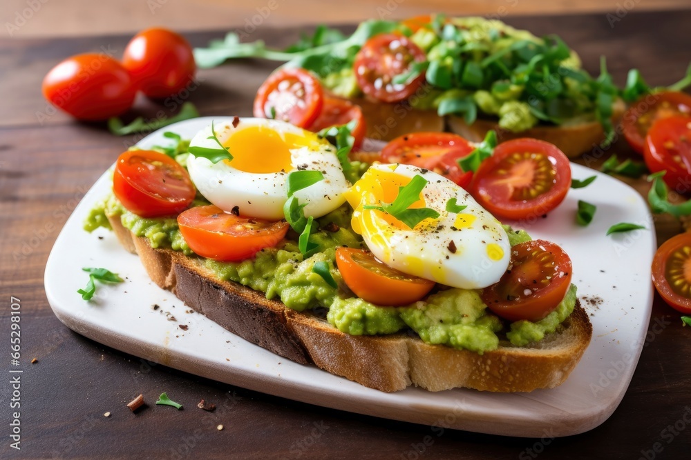 Avocado toast with eggs and roasted tomatoes. Avocado toast with eggs and roasted tomatoes.