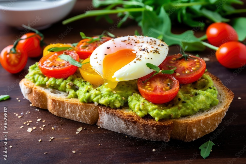 Avocado toast with eggs and roasted tomatoes. Avocado toast with eggs and roasted tomatoes.