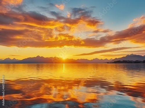 Bright sunset over Lake golden clouds reflect in the water.
