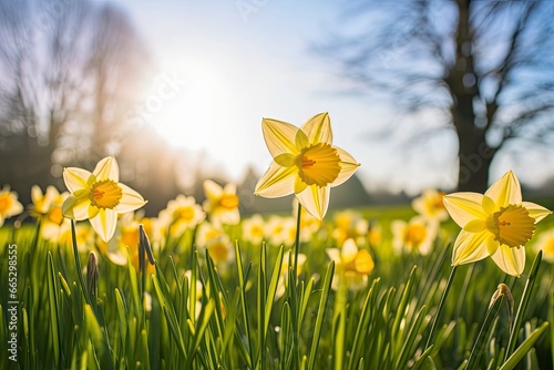 Daffodils in spring backlit by sun.