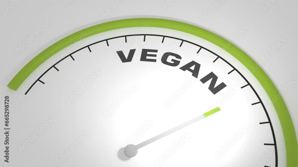 Vegan word with measuring device with arrow and scale. Green grass. 3D render Vegan word with measuring device with arrow and scale. Green grass. 3D render