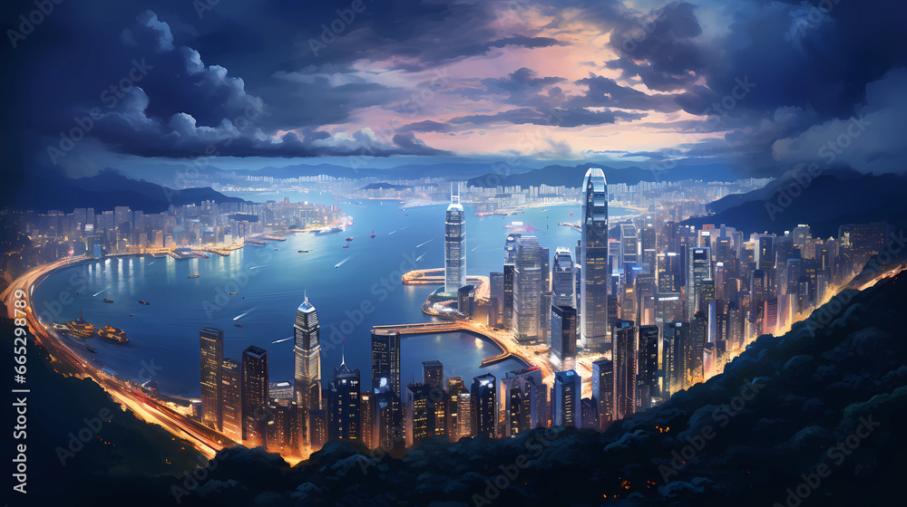 Victoria Peak with the glittering lights of Hong Kong