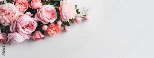 Fresh bunch of pink peonies and roses with copy space.