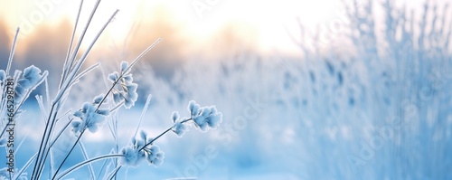 Frozen snowy grass, winter natural abstract background. beautiful winter landscape. © Fatema